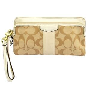 COACH Signature Beige White Strip Accordion Zip Around Wallet Wristlet F51710